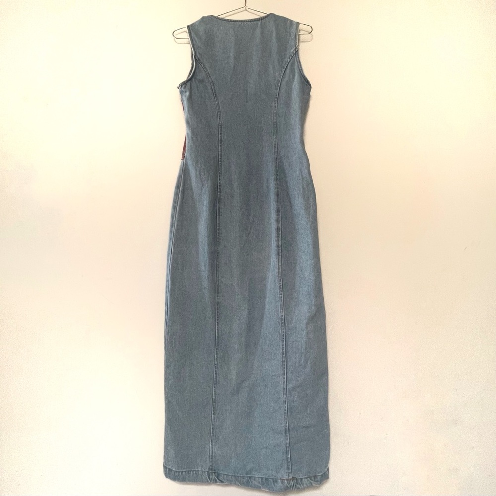 *SOLD*Vintage 90’s denim patchwork maxi dress light wash jean front snap buttons - Picture 5 of 6